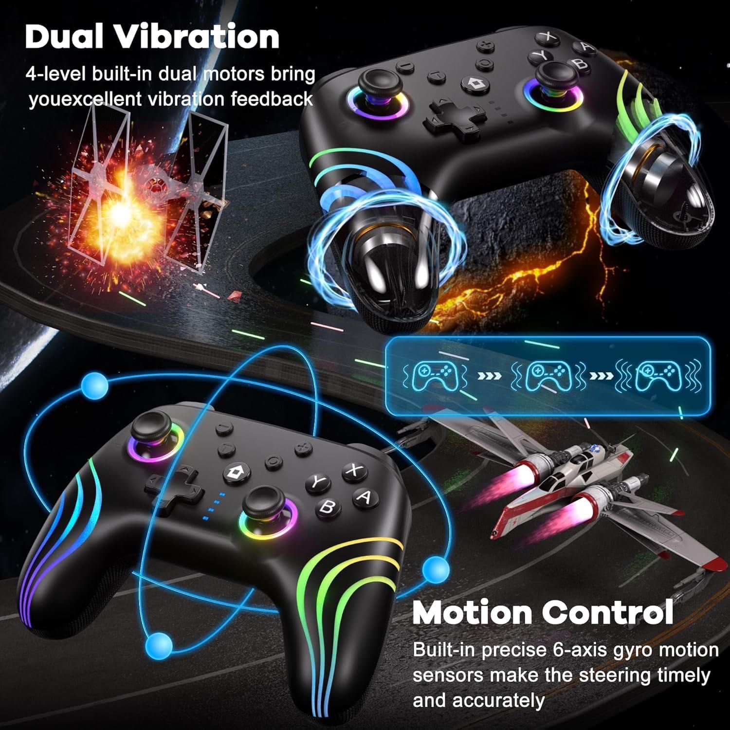 kontroler do gry, z ledem, wibracją czarny switch controller