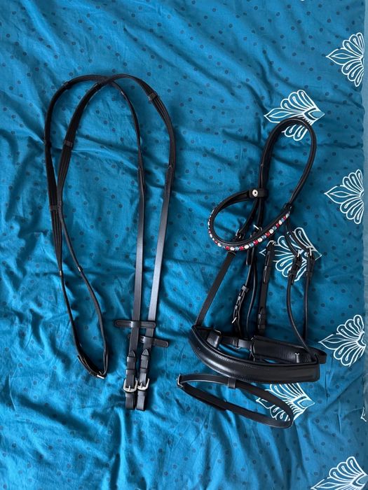 Ogłowie angielskie z nachrapnikiem i skośnikiem plus wodze rozmiar Ful