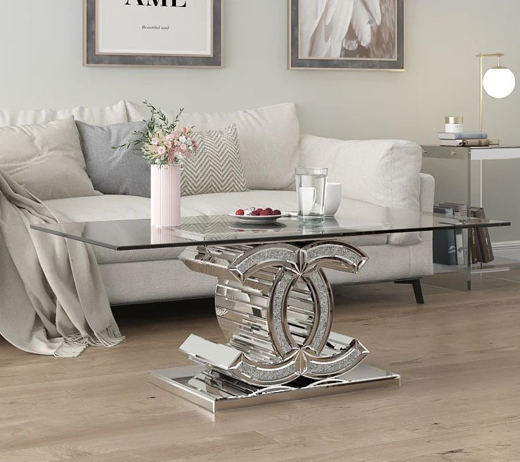 Nowoczesny lustrzany stolik kawowy z kryształkami glamour cc chanel ła