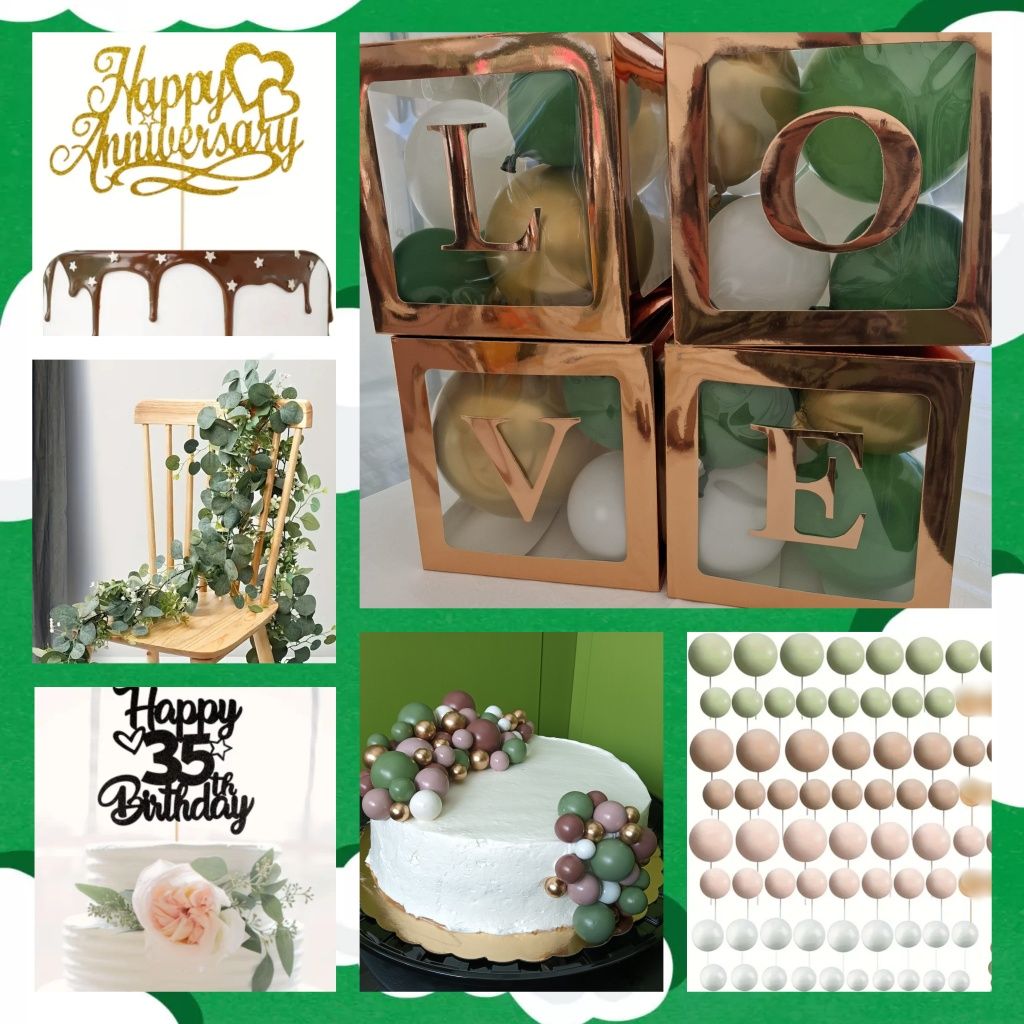 Zestaw dekoracje urodzinowe weselne, balony, girlanda, boxy, toppery
