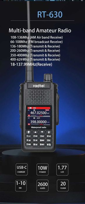 Radtel RT-630 8 Bands AM/CB/SSB/AM/FM/UHF/VHF 800-900M 10W,IP67 satcom