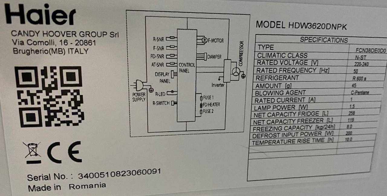 Холодильник з морозилкою Haier HDW3620DNPK ( 200 см) з Італії