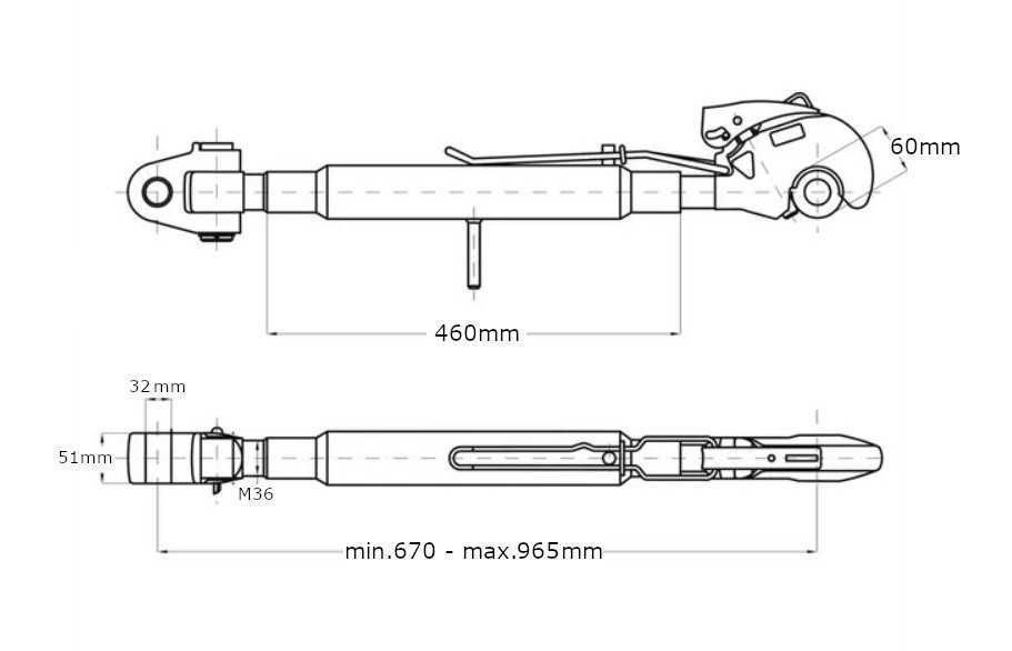 Łącznik górny cięgno z hakiem 670-965mm kat.3 M36x3mm CBM
