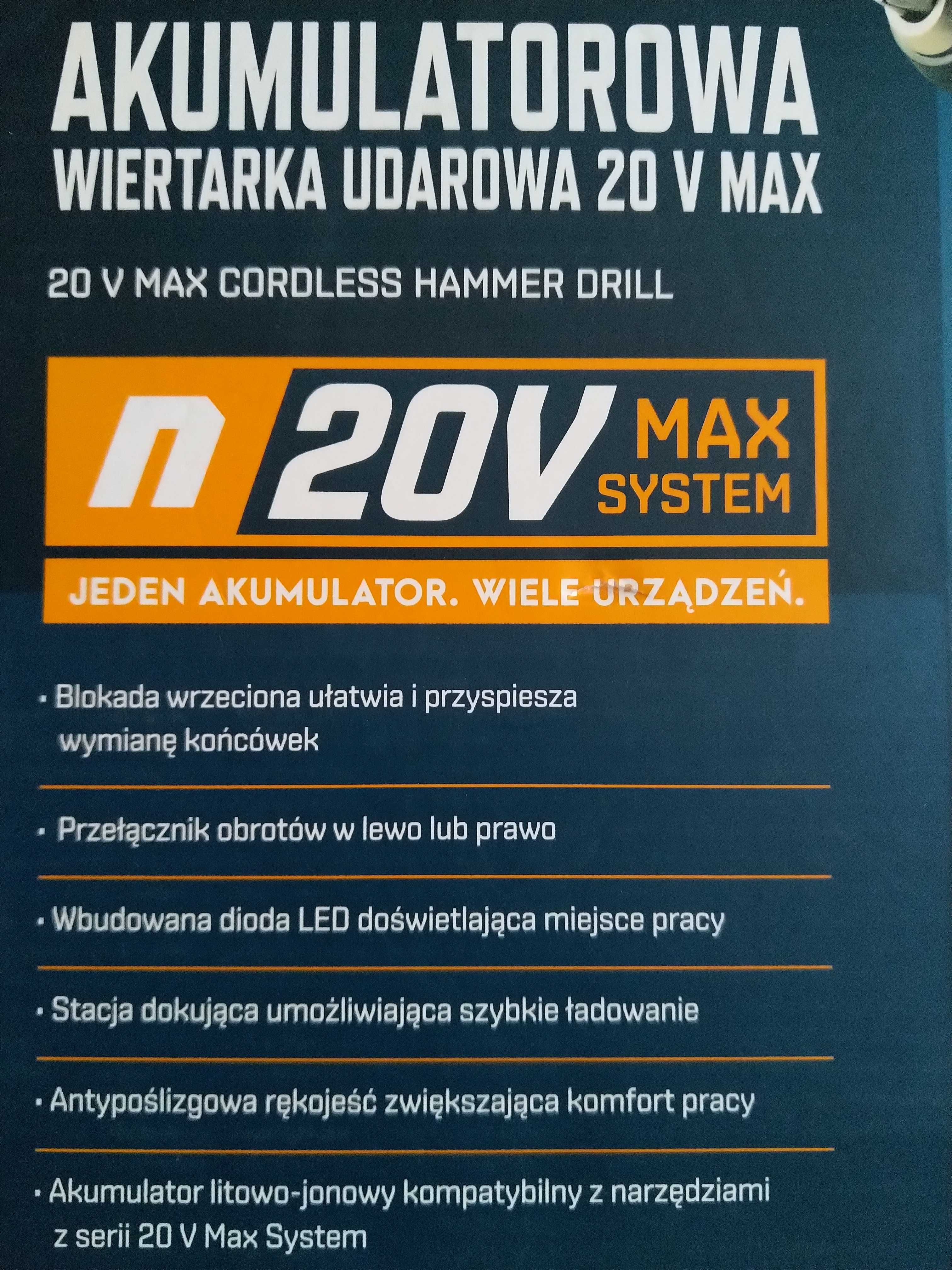 HIT Akumulatorowa wiertarka udarowa 20V stacja akumulator + akcesoria