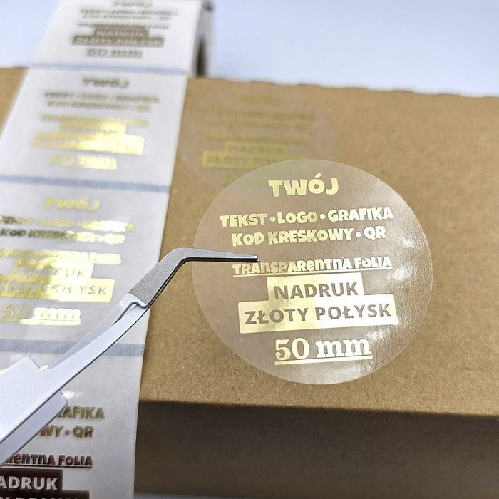 Naklejki z TWOIM NADRUKIEM - 100 sztuk - 5 cm - nadruk ZŁOTY na folii