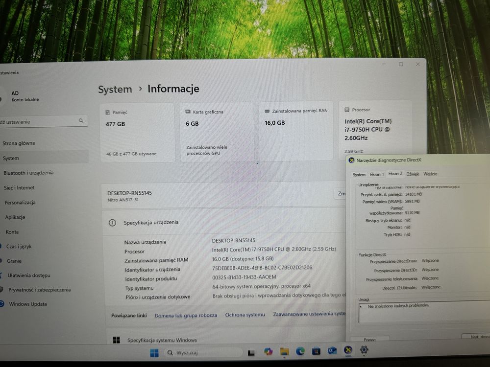 Acer Nitro 5 GTX-1660Ti/ekran 17.3” 144Hz/intel core i7-9750H/SSD/