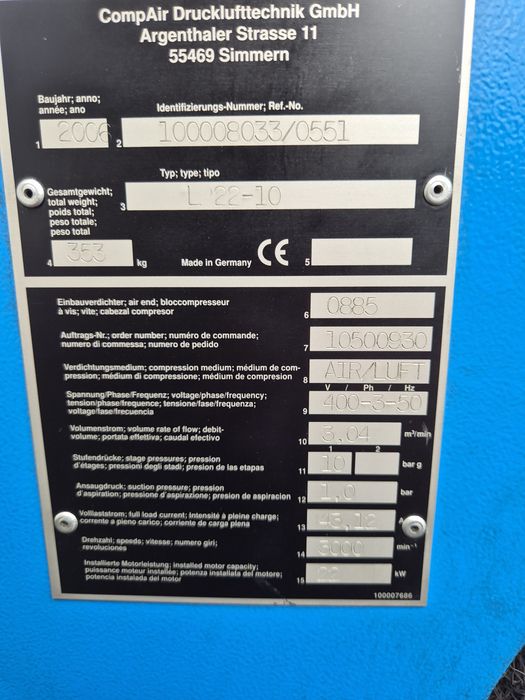 Sprężarka śrubowa CompAir L22 / 22 kw