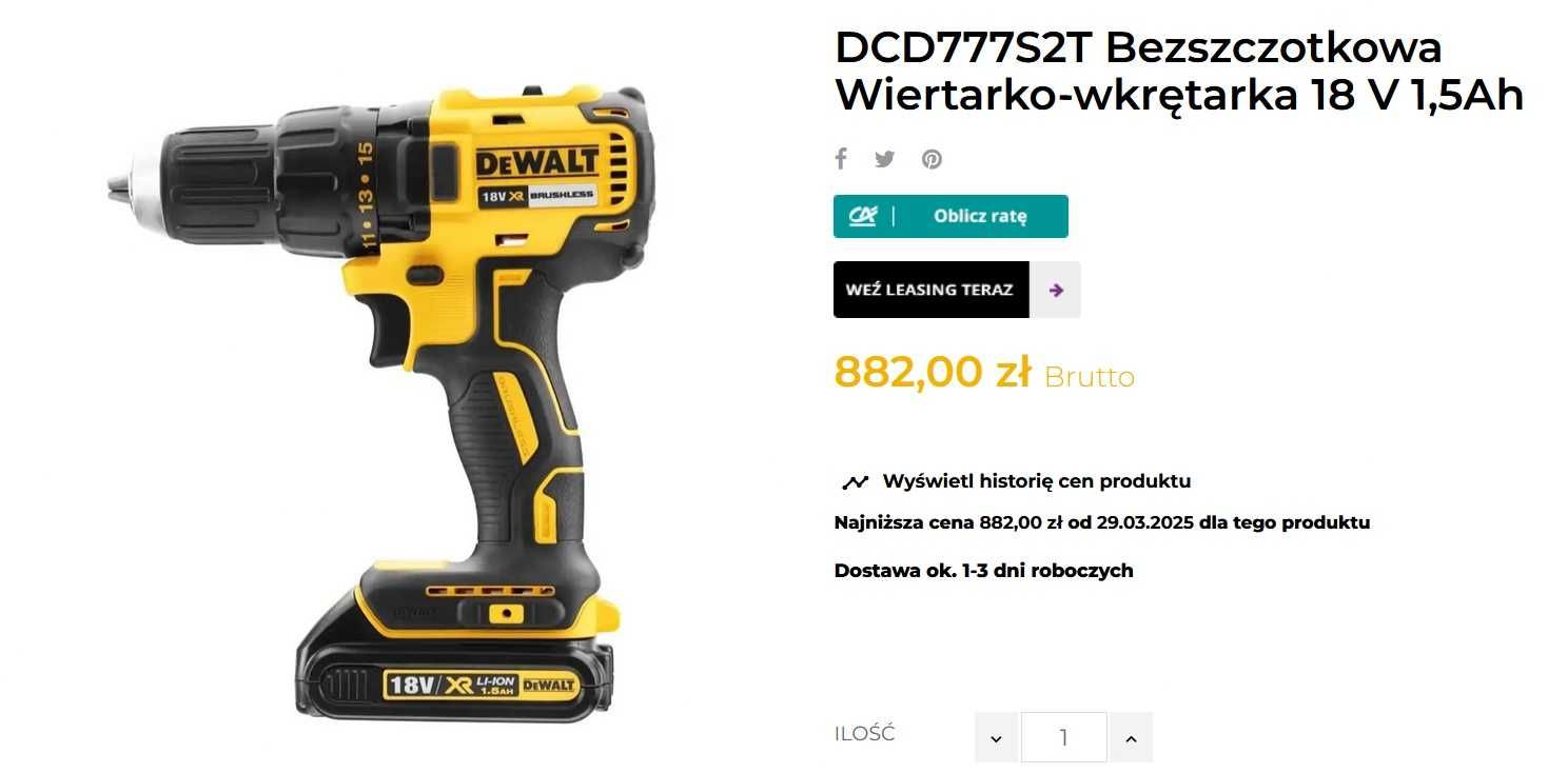 Bezszczotkowa Wiertarko-wkrętarka Dewalt DCD777S2T 18V 2x Aku Nowe