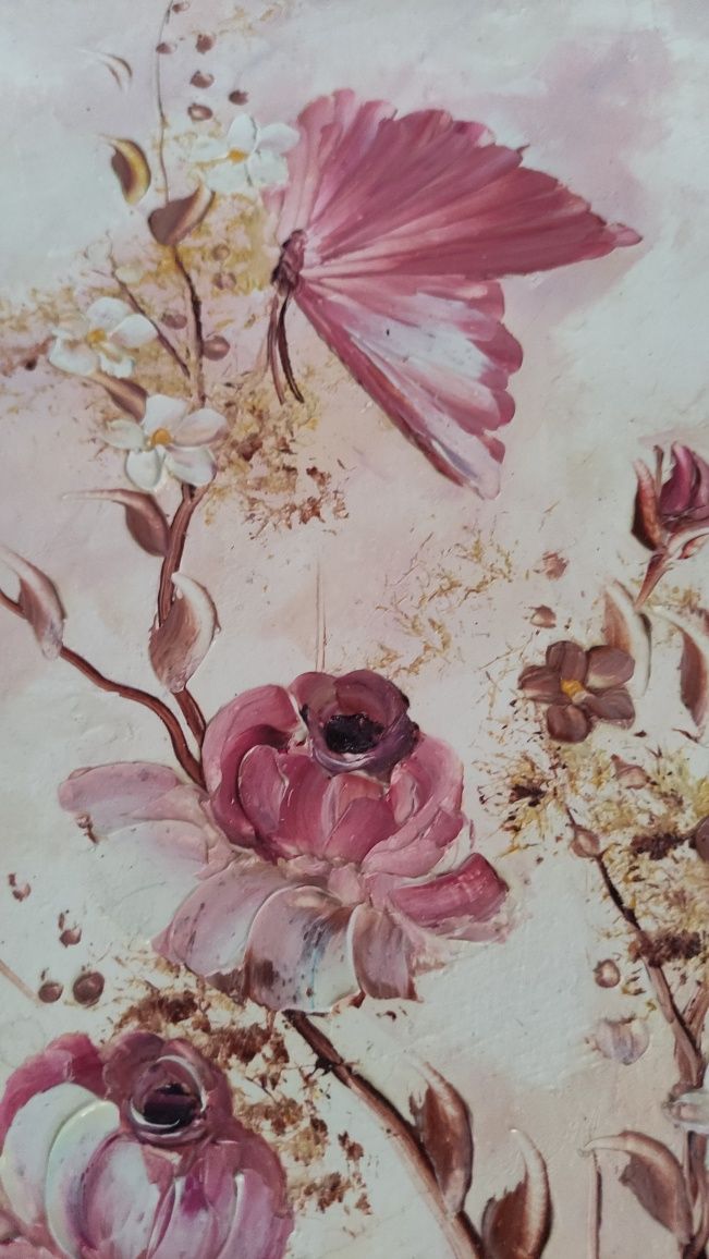 Obraz olej na płótnie różowy motyl i róże kwiaty Viola Sado