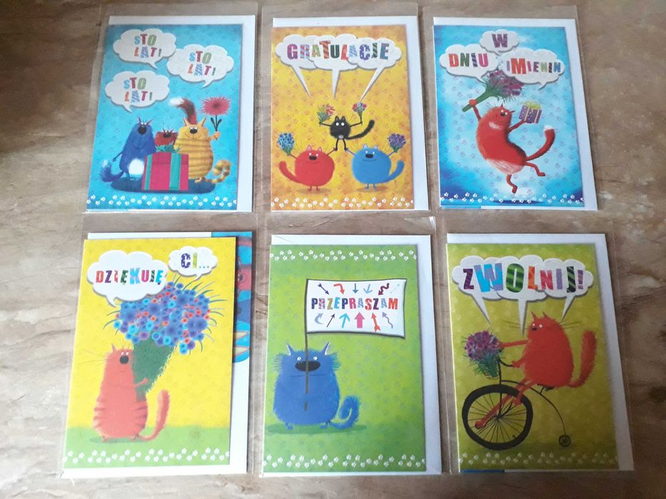 Kartki z wesołymi kotami, na różne okazje + GRATIS z kotem