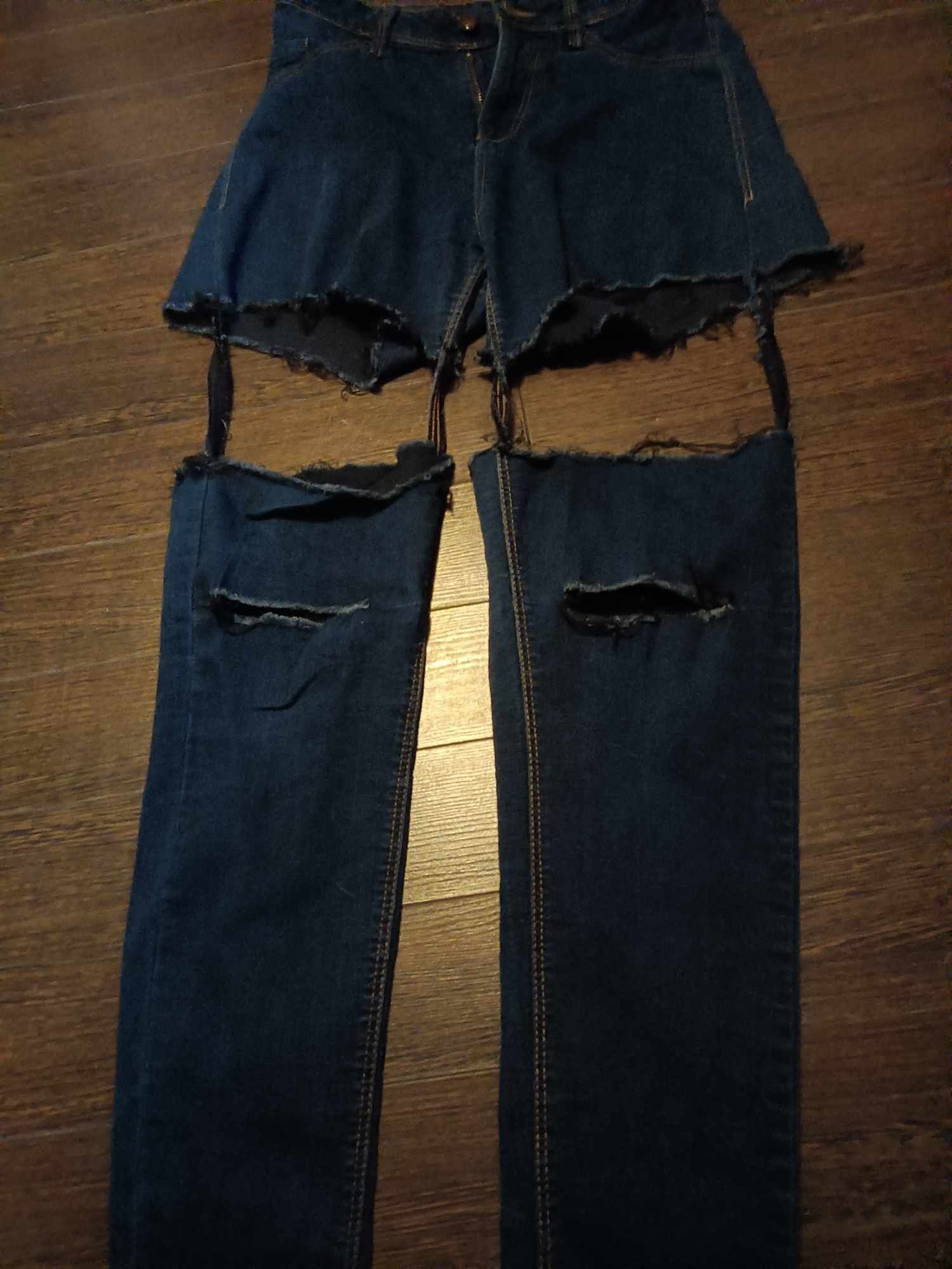 Spodnie jeansy wysoki stan DIY handmade jeans granat krótkie długie