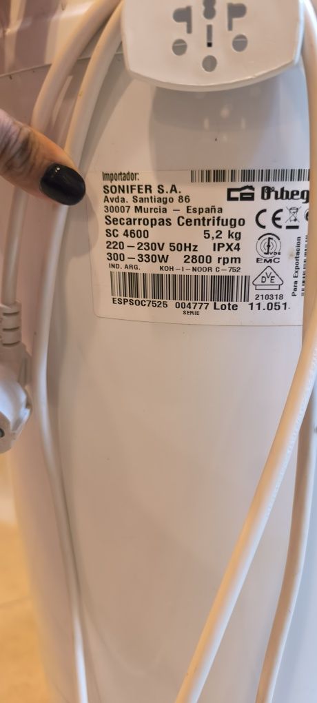 Centrífugadora de roupas orbegozo