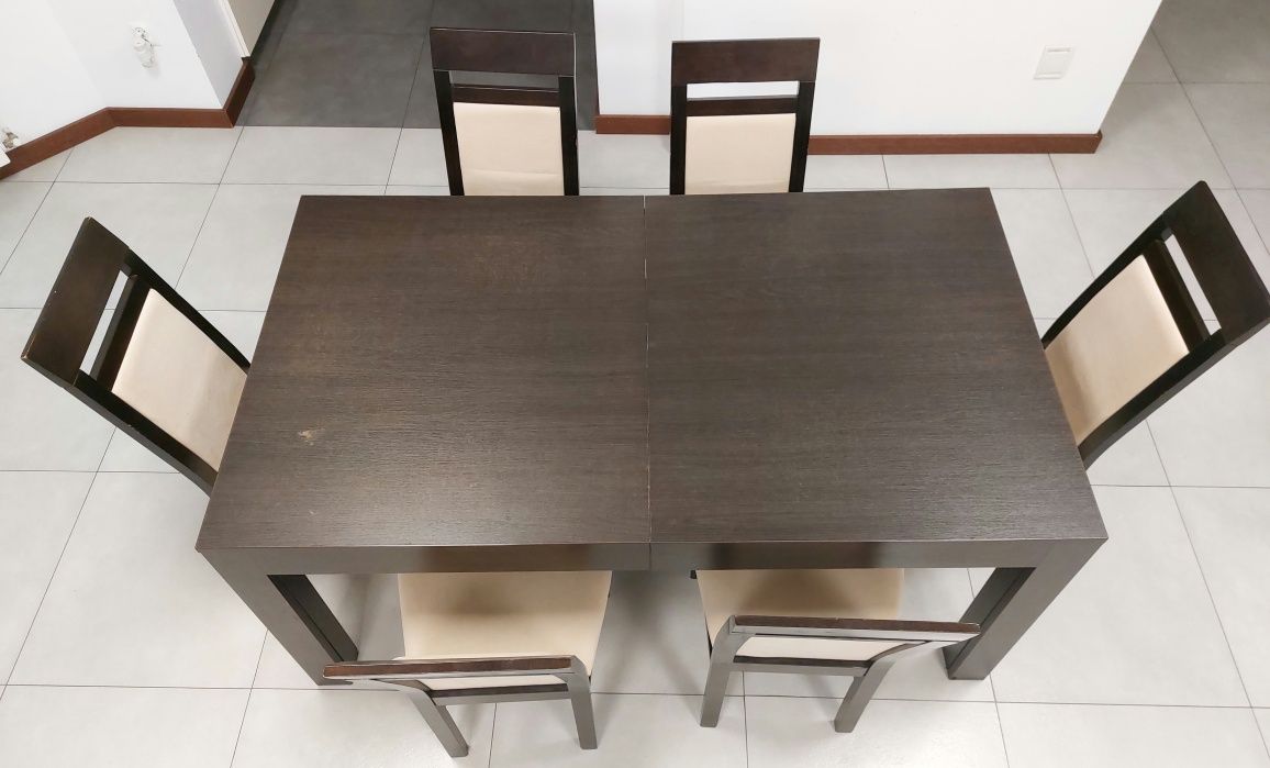 Stół rozkładany 160x90(3 m po rozlozeniu), 6 krzeseł tapicerowanych