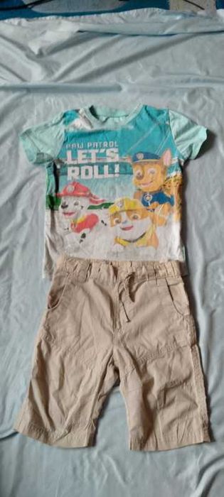 Beżowe szorty H&M 98 + gratis T-shirt Psi patrol stan bardzo dobry