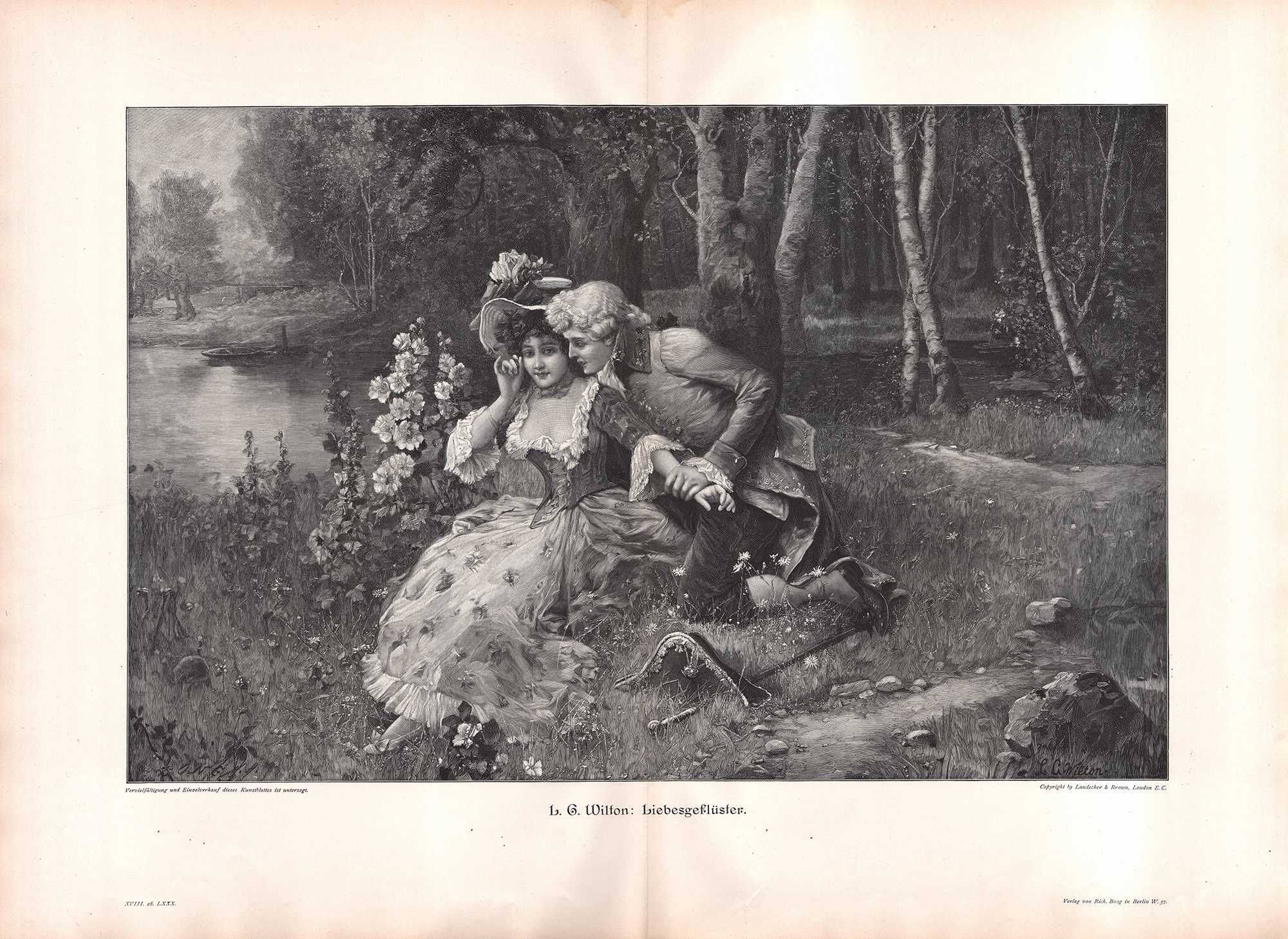 Wilton: Miłosne szepty. Duży efektowny drzeworyt sielankowy 1904 r.