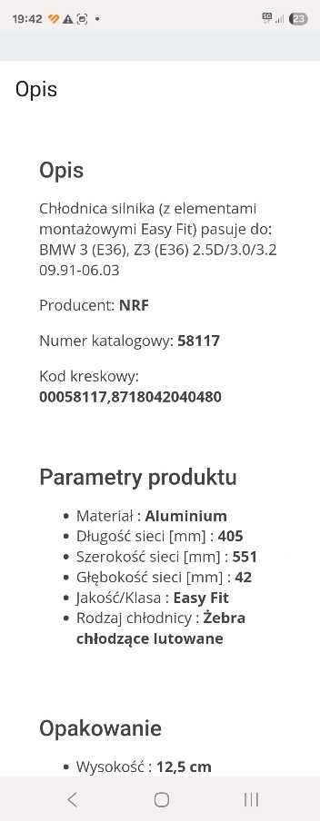Chłodnica BMW E36 producent NRF nr 58117