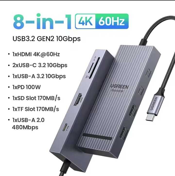 UGREEN hub 8 in 1 HDMI 4K 60Hz, Type C ,PD 100W, SD/TF, USB-A