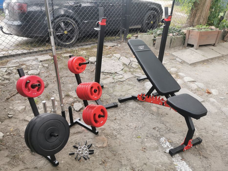 Domowa Siłownia Marbo 65kg Żeliwo, Stojak, Gryf, Hantle, Ławeczka OKAZ