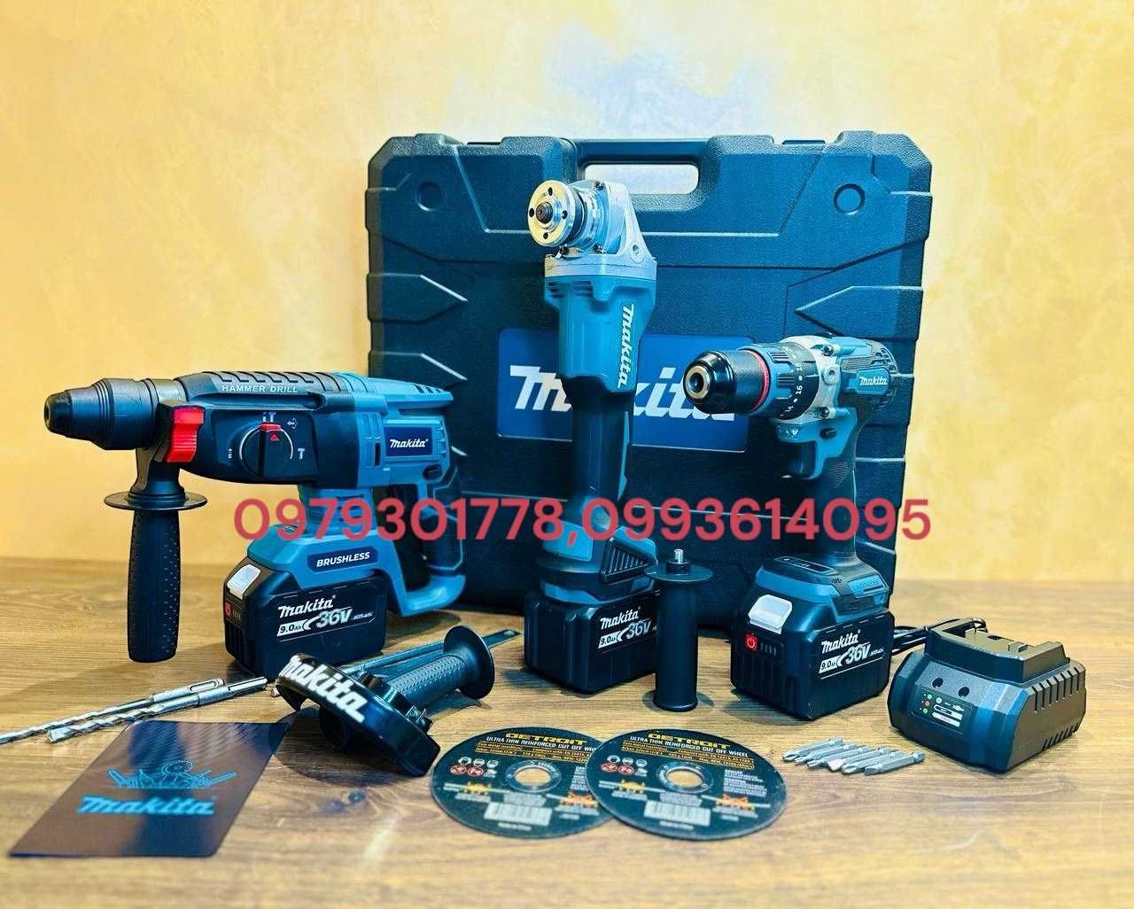 Makita 3в1 Набор Болгарка DGA504 + Шуруповерт DHP485 Перфератор DHR202