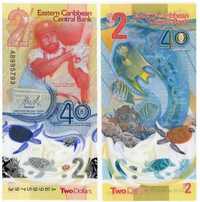 PIĘKNY Polimerowy Banknot 2 Dollars    Karaiby Wschodnie 2023