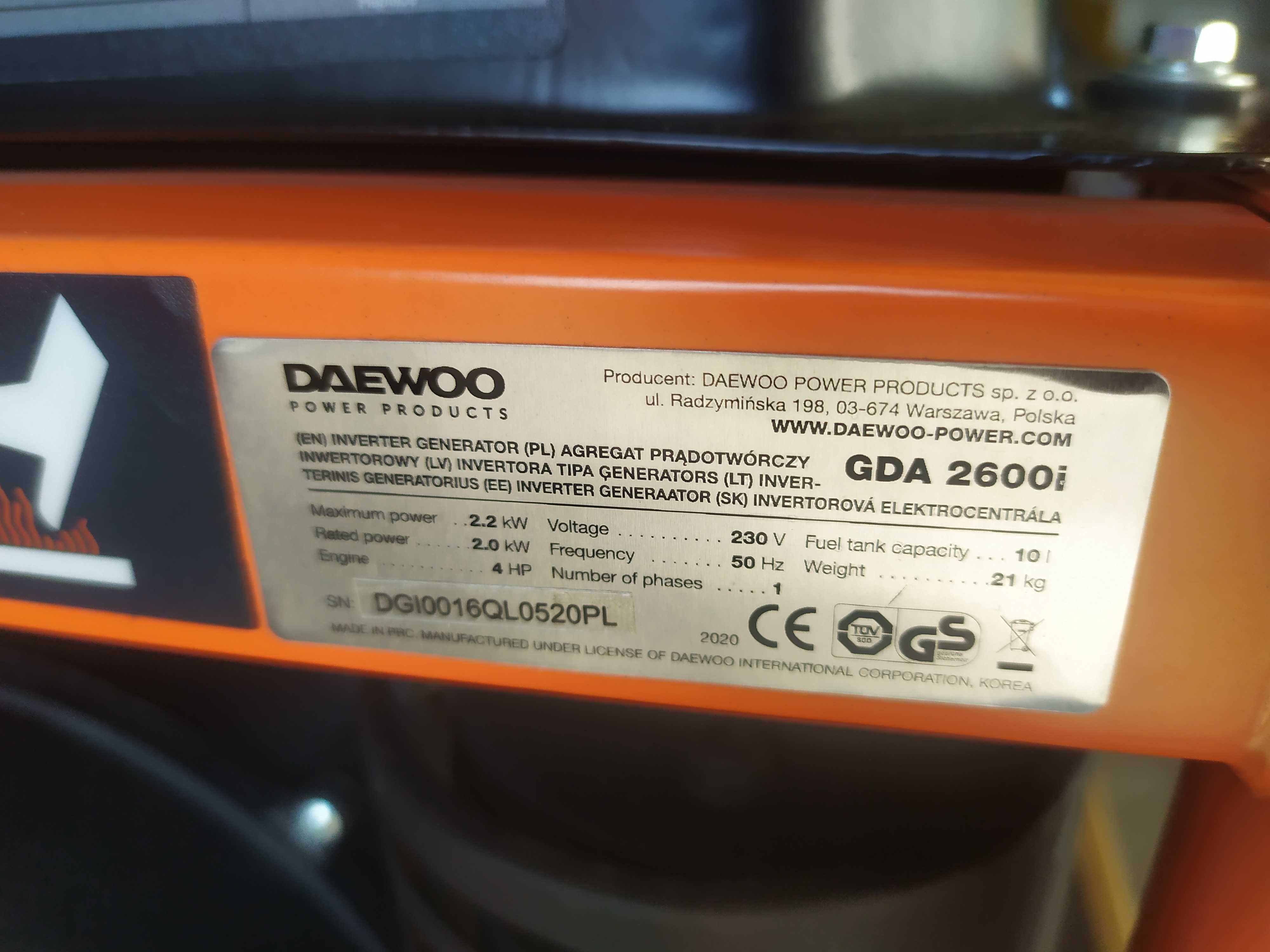 Inwertorowy agregat prądotwórczy DAEWOO GDA 2600i