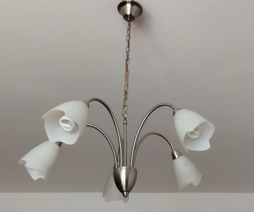 Żyrandol 5 żarówek 2 obwodowy srebrny satyna jak nowy mleczny klosz