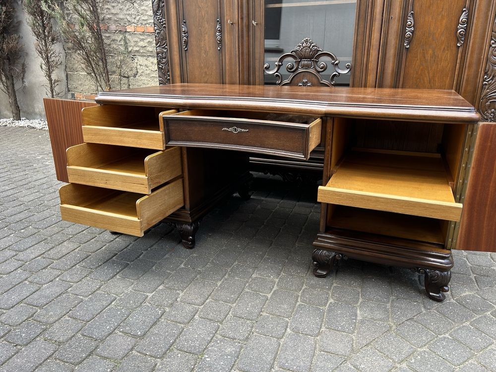 Antyczna Biblioteka Kredens Witryna + Biurko Ludwik Po Renowacji