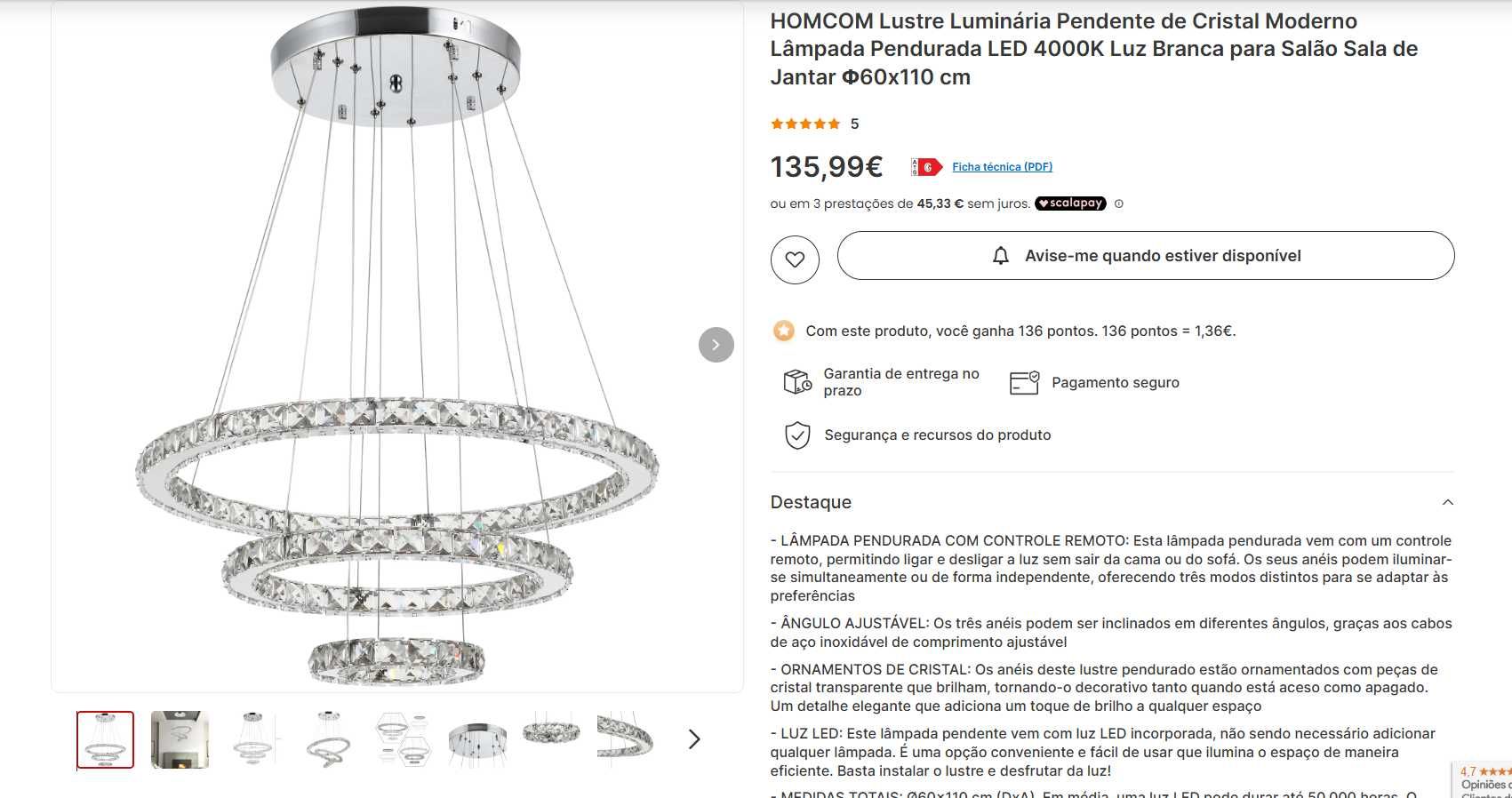 Candieiro de Suspensão c/Anéis Vidro/LED