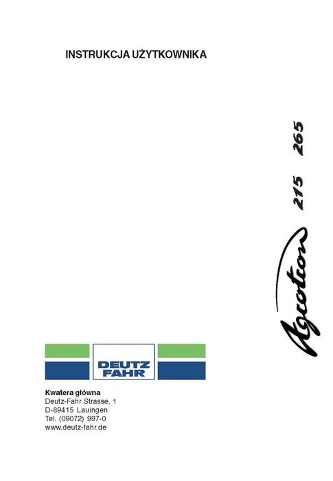 Instrukcja obsługi Deutz Fahr Agrotron ; 215; 265