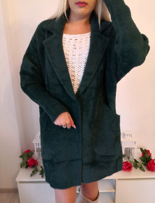 Płaszcz alpaka luzny oversize krój butelkowa zieleń xxl