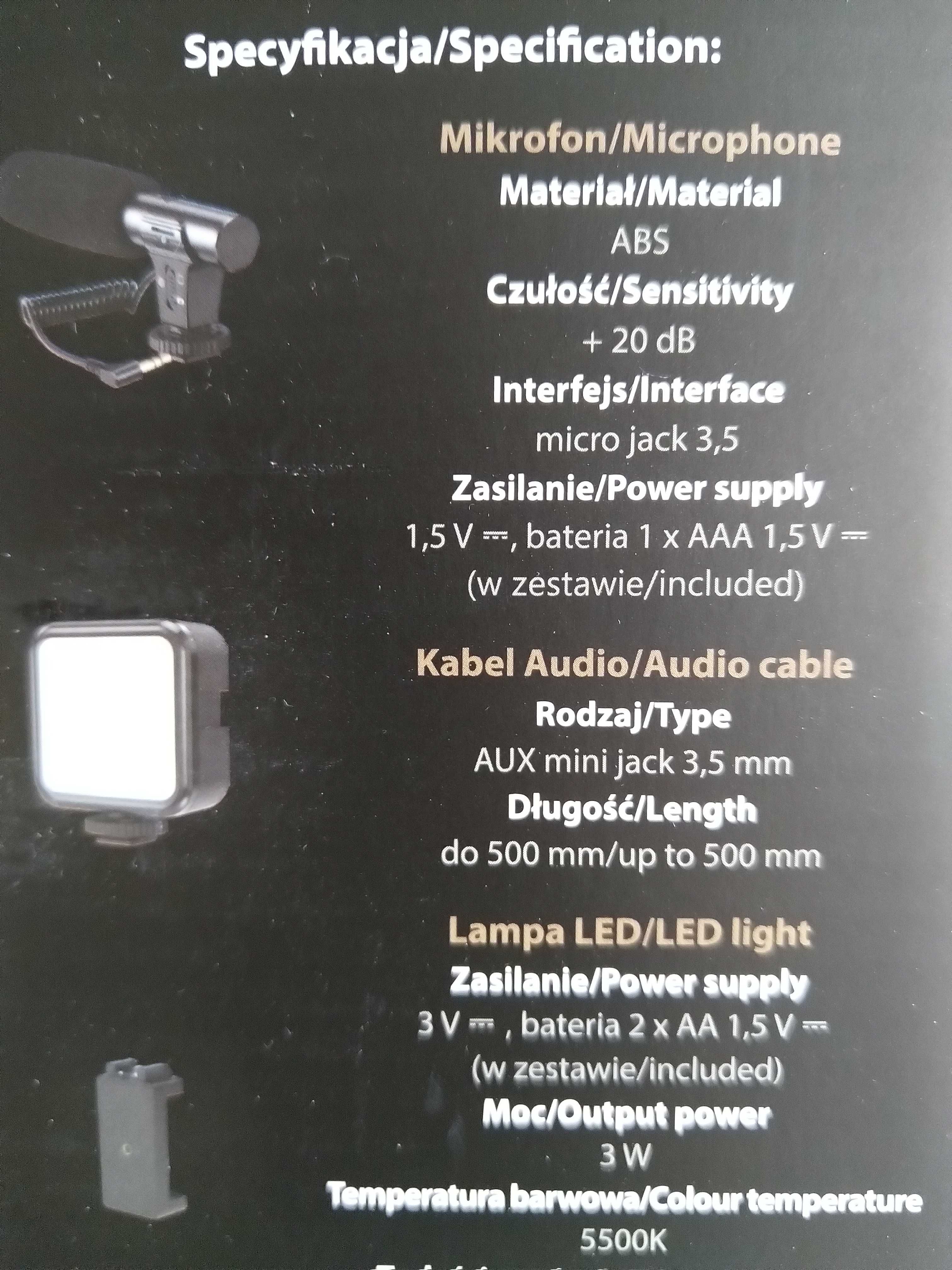 OKAZJA Zestaw vloggera + regulowany statyw pilot mikrofon lampa kabel