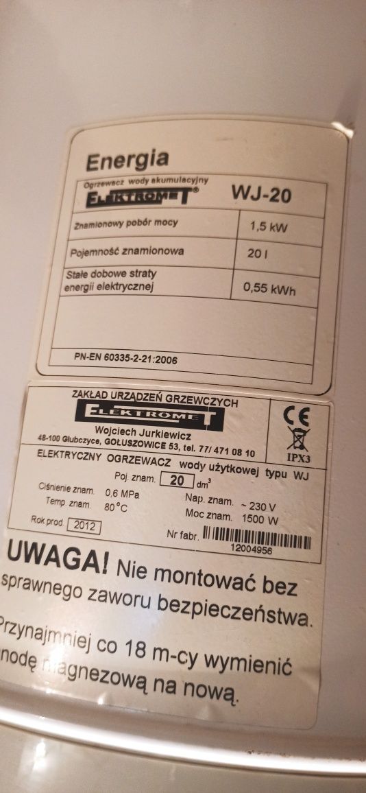 Elektryczny ogrzewacz wody 20 litrów