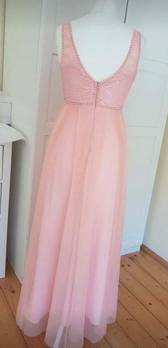 Nowa suknia 40 42 różowa koronka wesele perełki cywilny druhna świadko