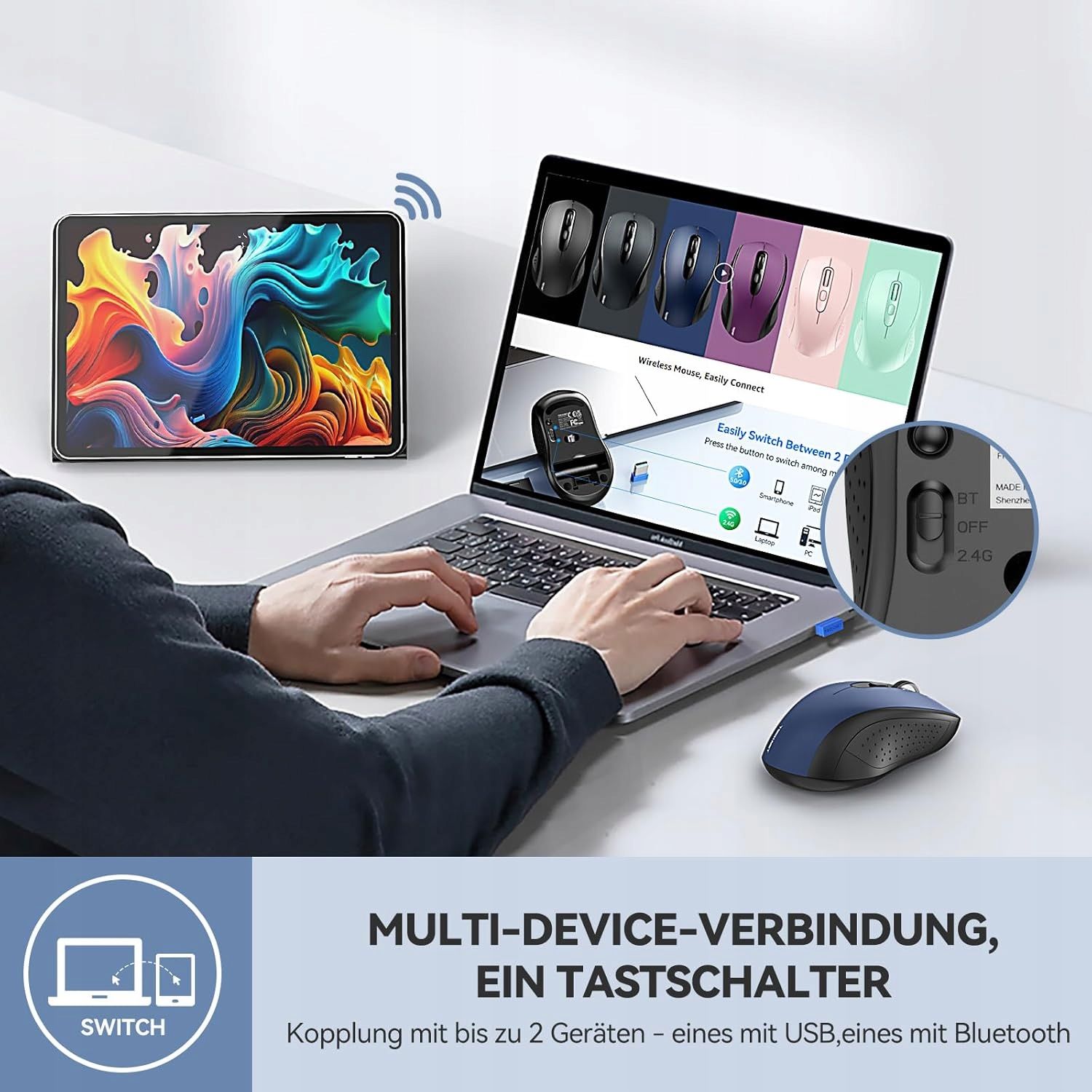 Mysz Bezprzewodowa Do Komputera 2.4Ghz/Bluetooth Niebieska