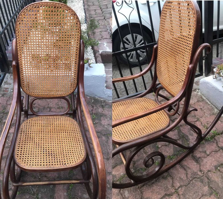 Fotel bujany lata 70 PRL, drewno + rattan, vintage retro design