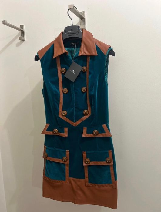 Vestido de Inverno, XS, veludo e couro, verde e marron, Elisabetta Fre