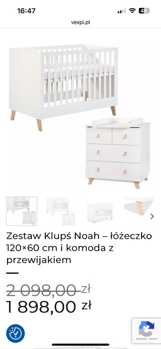 Łóżeczko i komoda dziecięca NOAH firmy KLUPŚ + materac FIKI MIKI