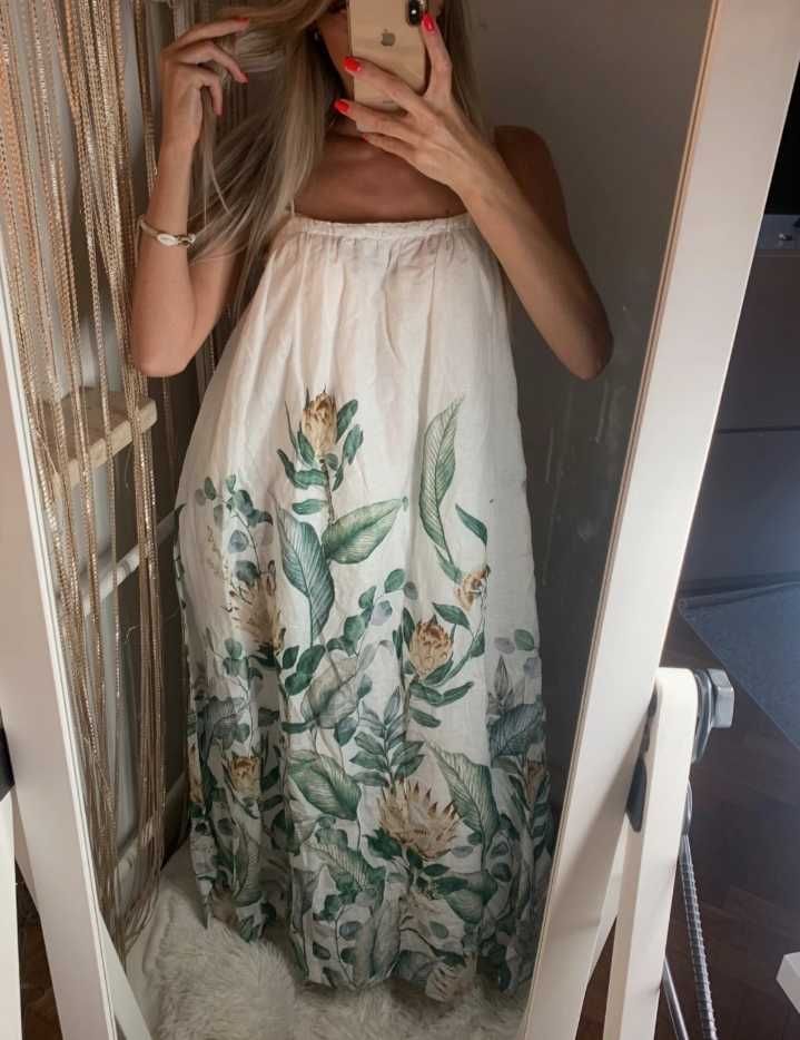 H&M dluga maxi lniano bawelnia a letnia sukienka w kwiaty boho L/XL