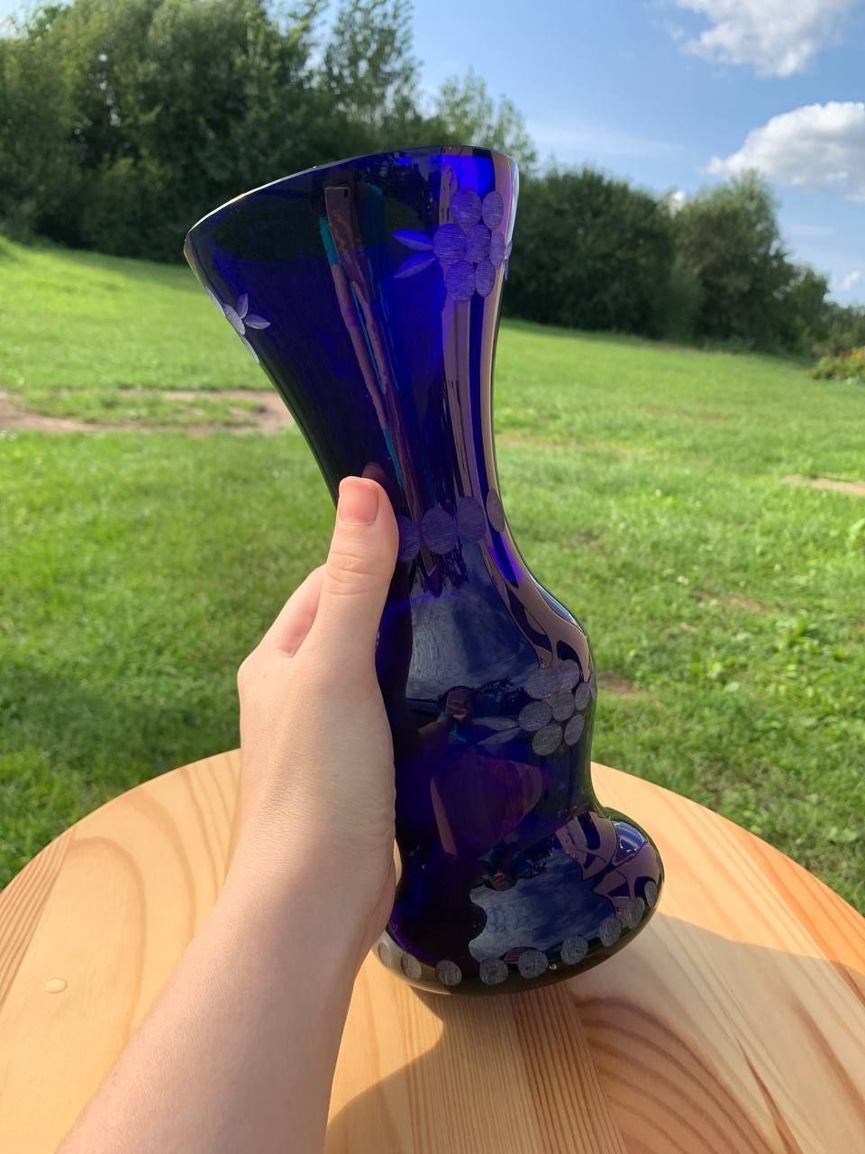 Синя класична кришталева/хрустальна ваза для квітів