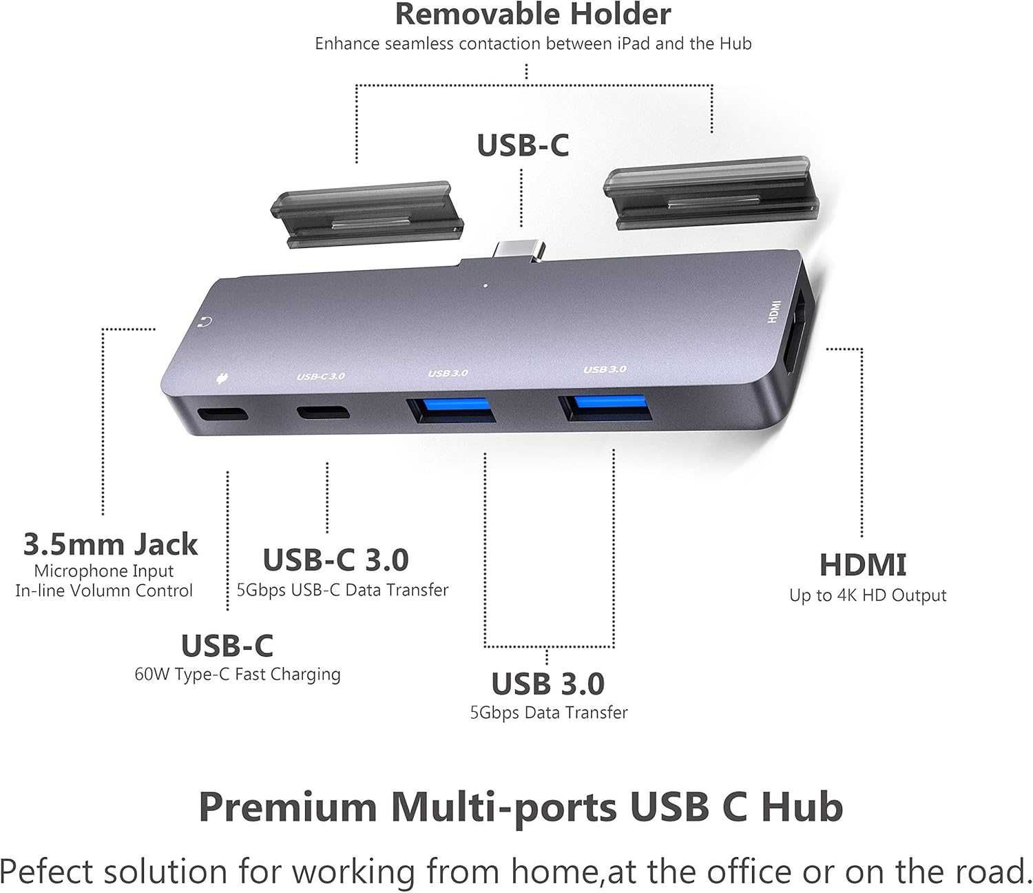 Hub, Adapter USB-C 6w1 z HDMI 4K, audio 3.5mm, 2x USB 3.0, PD i SD