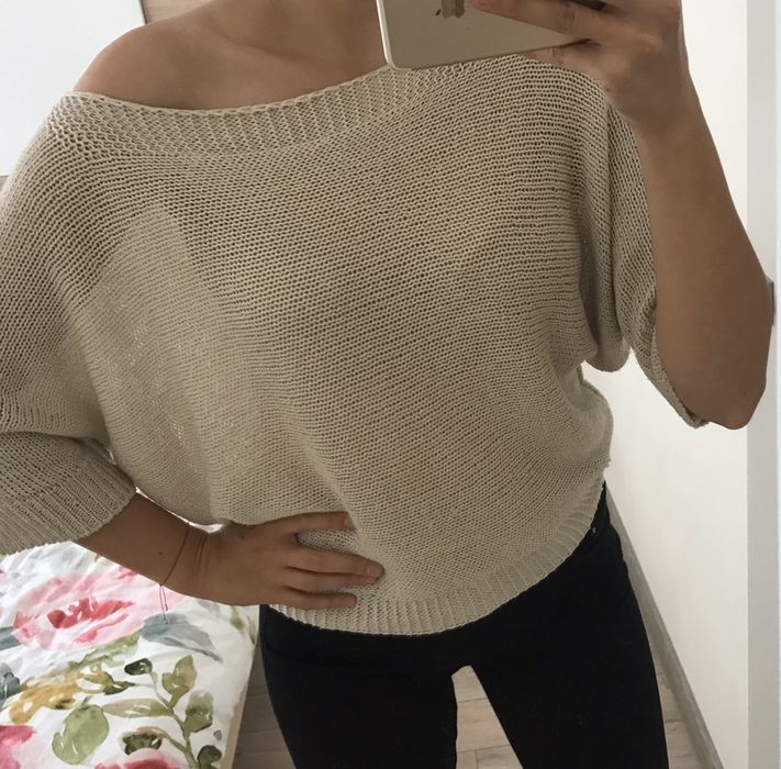 Ażurkowy, piaskowy sweterek, roz. Uniwersalnu