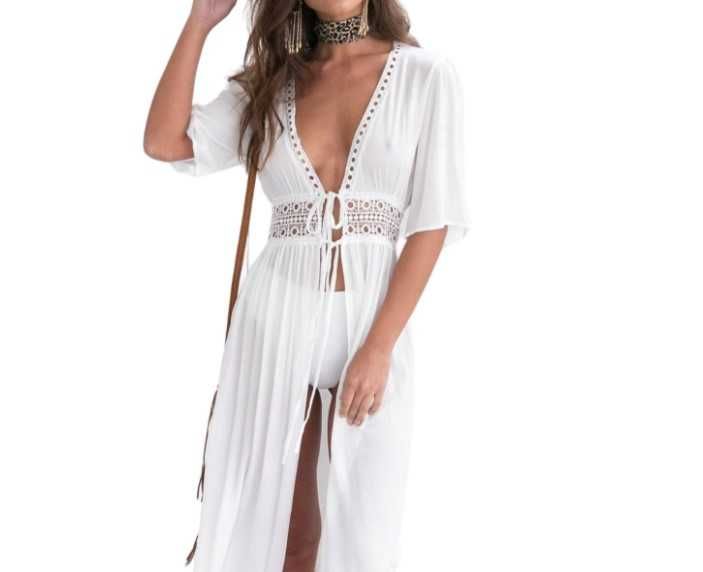 Pareo narzutka plażowa długa tunika z dekoltem wiązana boho BIAŁA