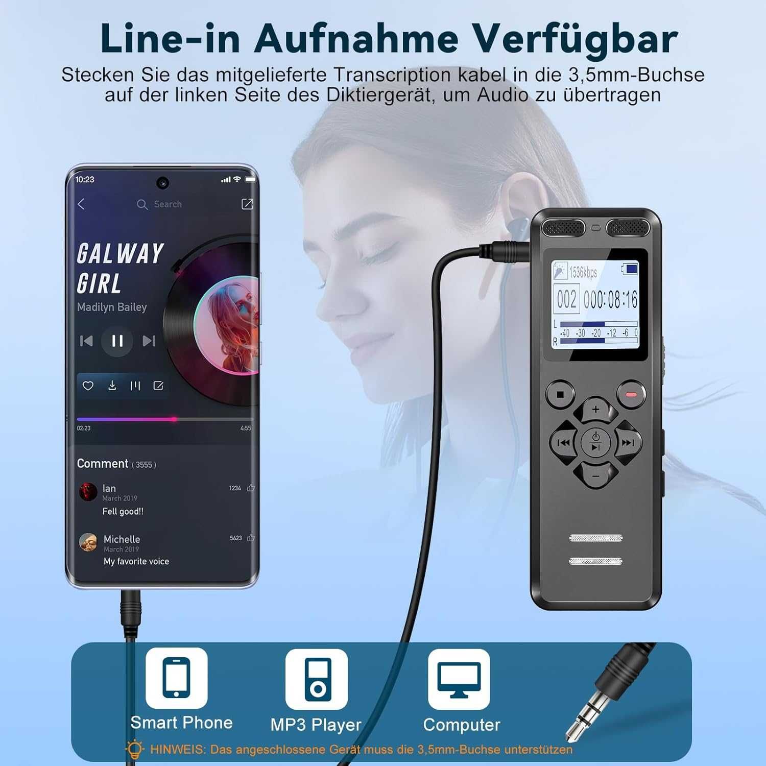 Dyktafon Vormooi 128 GB, dyktafon z ładowaniem USB C, nagrywanie