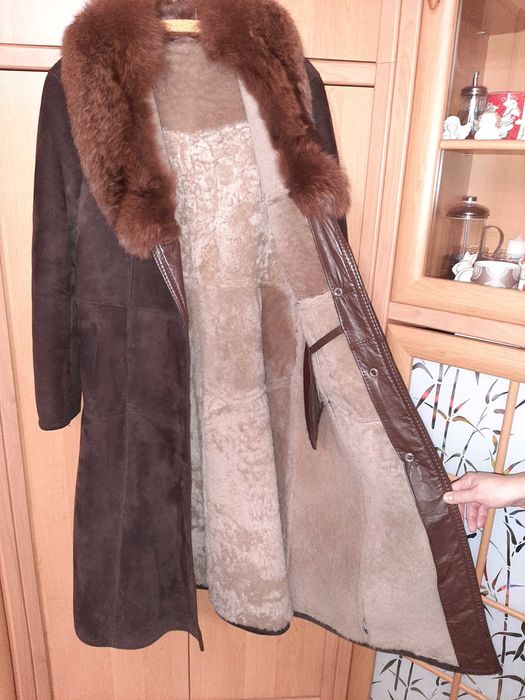 Kożuch damski, długi kożuch naturalny lis, kożuch brązowy, kożuch