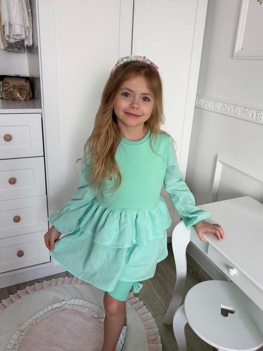 La Mia Baby Clothes zestaw miętowy komplet tunika + kolarki muślin 128