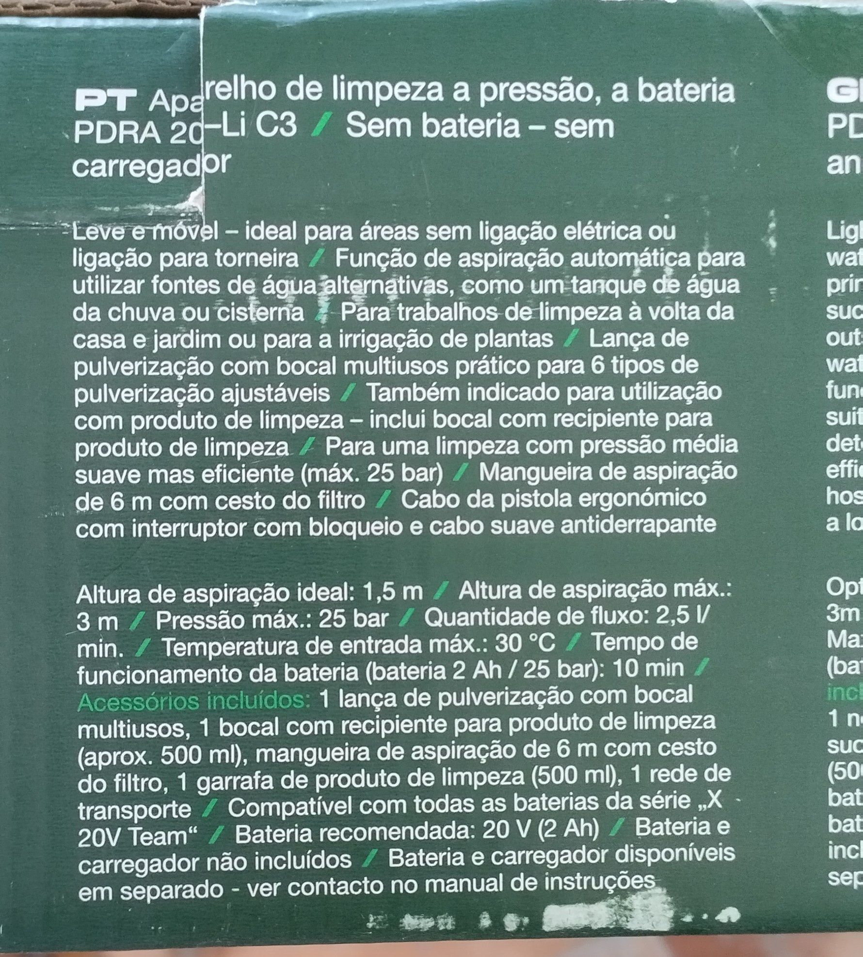Aparelho de limpeza a pressão a bateria 20V Parkside