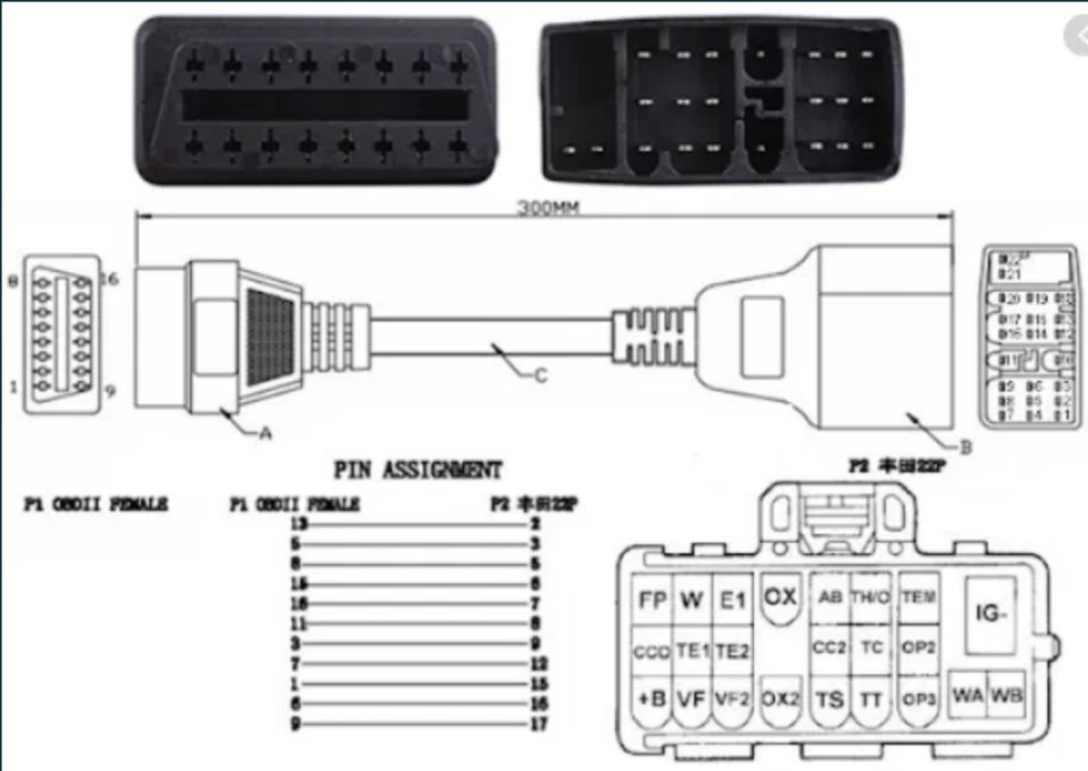 Переходник OBD2 16pin мама на Toyota 22pin папа Тойота адаптер ELM327