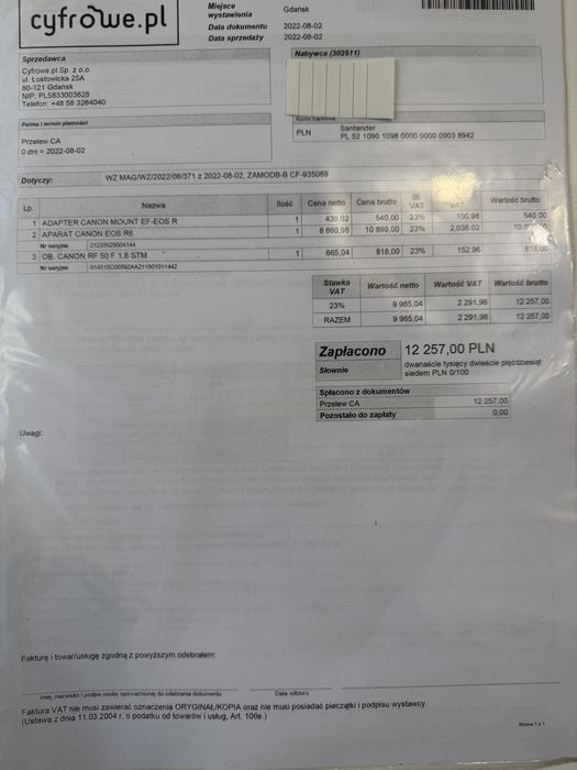 Aparat Canon R6 zadbany, 100% sprawny, nigdy nienaprawiany