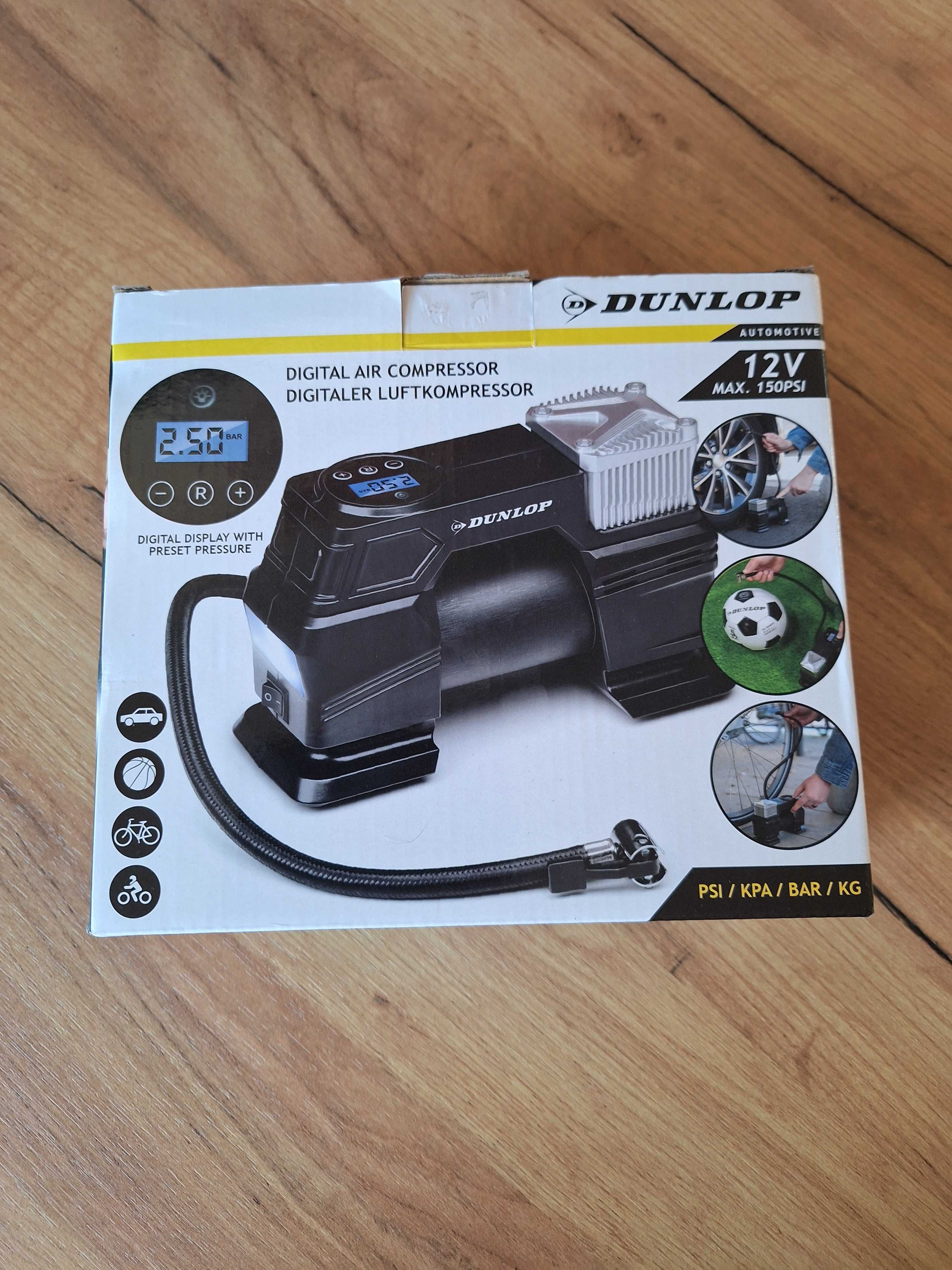 Kompresor samochodowy DUNLOP 12V z elektr. manom. - NOWY na gwarancji.