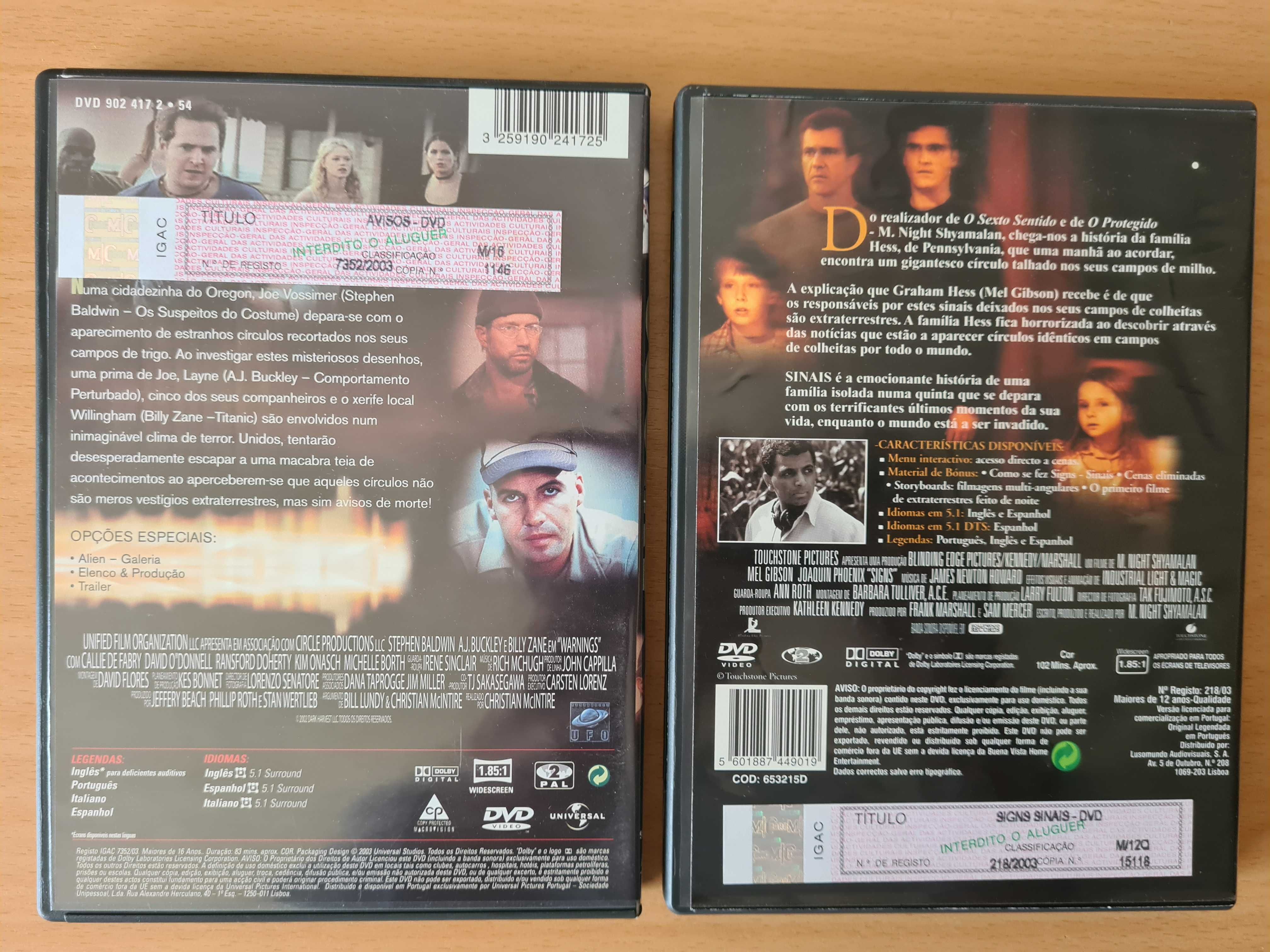 2 filmes em DVD de terror e ficção científica: "Avisos" e "Sinais"